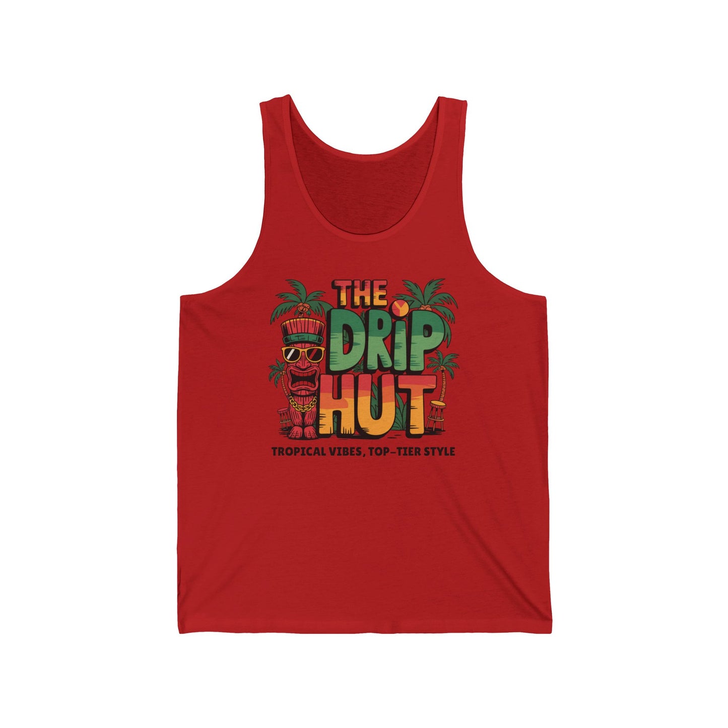 Stay cool this summer in the Tropical Vibes Tiki Tank Top – The Drip Hut Design. Featuring tiki figures in shades, palm trees, and “THE DRIP HUT” print with the slogan “Tropical Vibes, Top-Tier Style.” Breathable unisex fit.