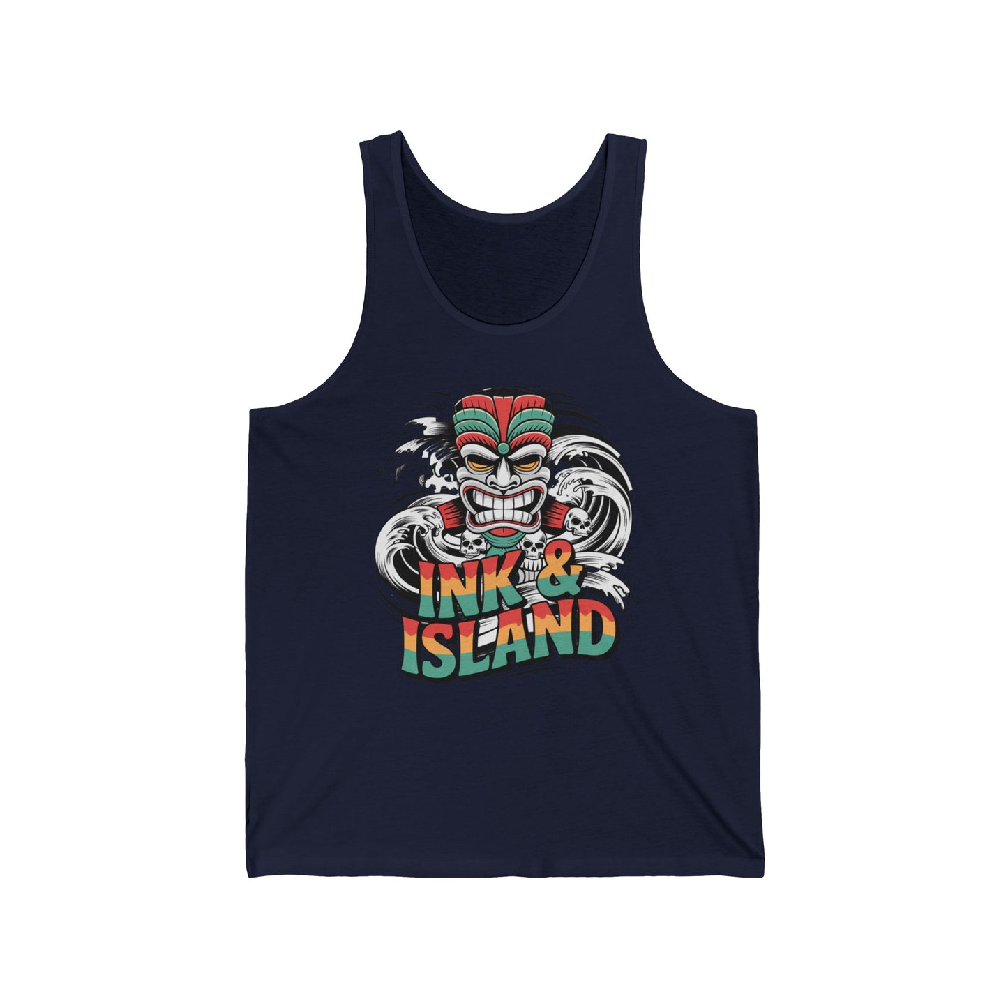 Stay cool in the Tropical Ink & Island Unisex Jersey Tiki Tank Top for Beach Vibes, featuring a vibrant tiki mask with red, green, and tan accents, stylized waves, and bold text—ideal for summer with its breathable fit.