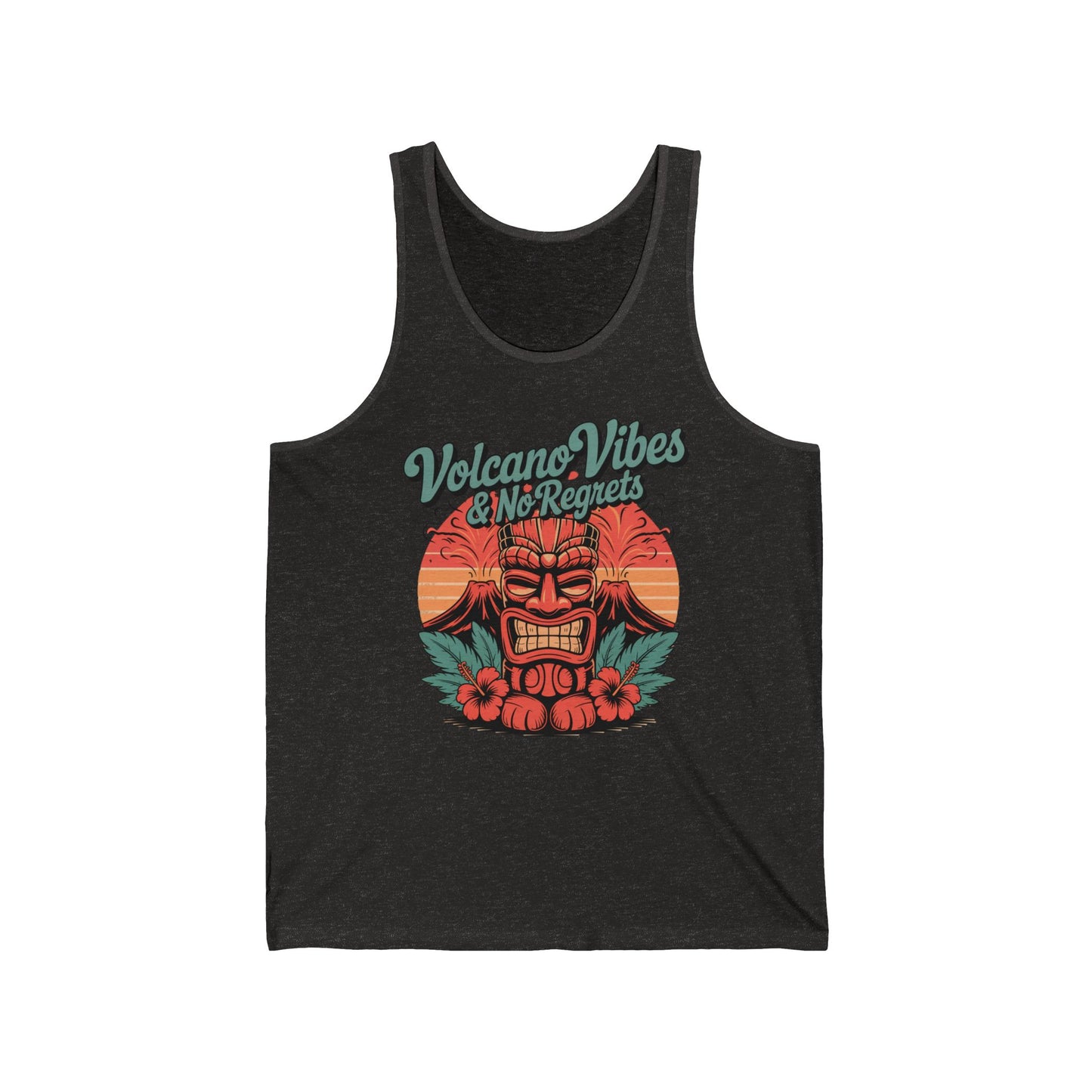 The Volcano Vibes Unisex Jersey Tiki Tank Top showcases a vibrant tiki mask with flowers and a sunset, plus stylized Volcano Vibes & No Regrets text. Lightweight fabric ensures all-day comfort in tropical summer style.