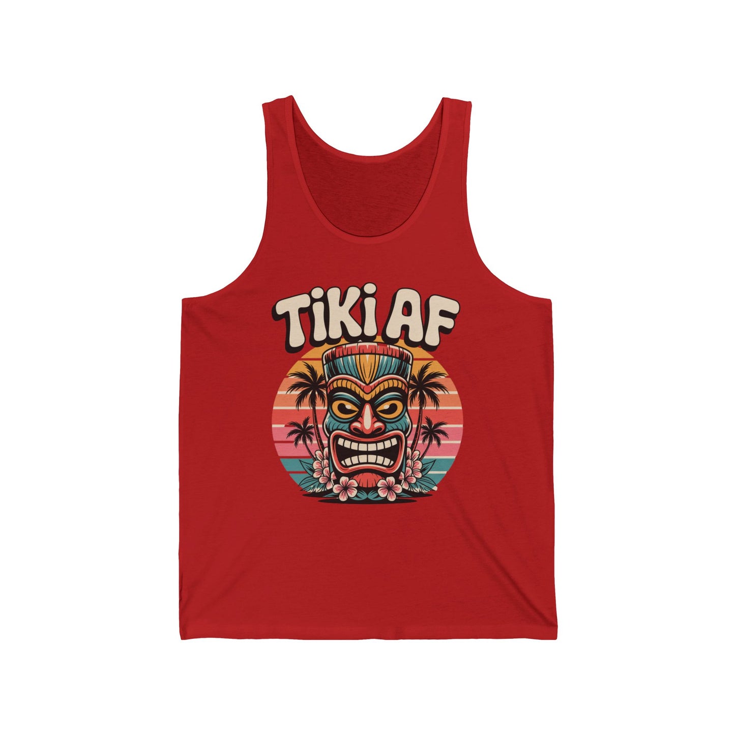 The Tiki AF Unisex Jersey Tank Top - Tropical Vibe Summer Wear features a vibrant tiki motif, palm trees, and sunset stripes with TIKI AF above—ideal for anyone embracing the tropical lifestyle.