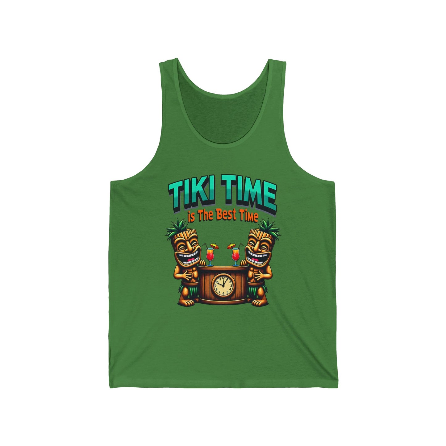The Tiki Time Unisex Jersey Tiki Tank Top is perfect for summer, showcasing two tiki figures with a clock and colorful cocktails. “TIKI TIME” tops the playful design, with “The Best Time” below, all on a relaxed fit green tank.