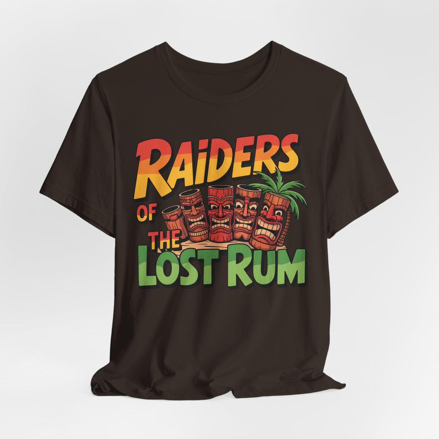 The Tiki T-Shirt - Raiders of the Lost Rum Graphic Tee for Adventure Lovers features colorful text above three tiki mugs and a palm tree on a black unisex jersey—perfect for summer festivals.