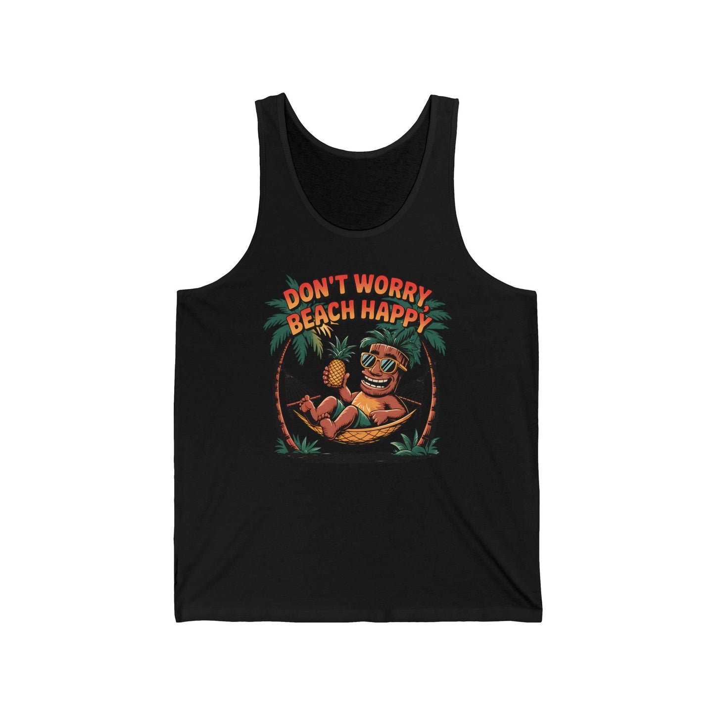 The Beach Vibes Unisex Jersey Tiki Tank Top features a fun cartoon pineapple relaxing in a hammock under palm trees with a drink, plus bold red and orange “Don’t Worry Beach Happy” text—perfect summer style in lightweight fabric.