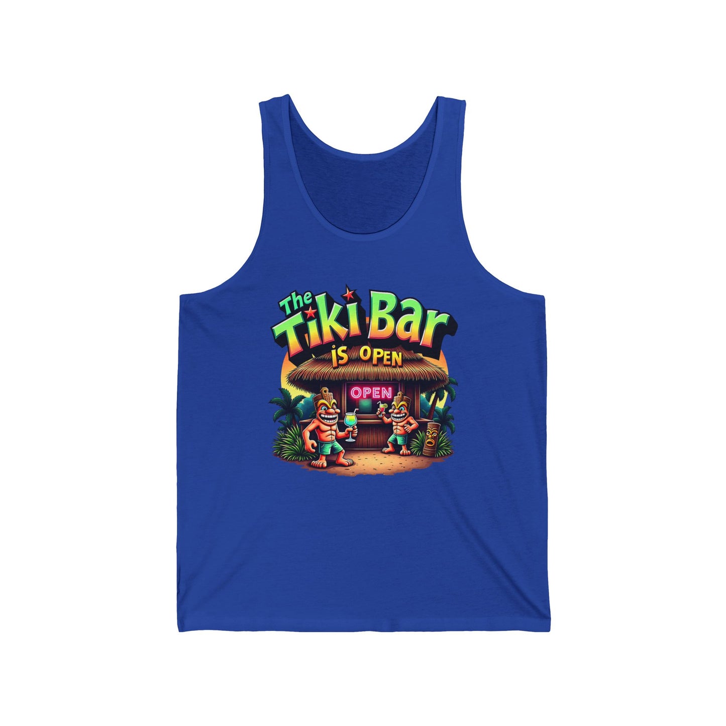 The Tiki Bar Unisex Jersey Tiki Tank Top is a blue, lightweight tank featuring a vibrant tropical tiki bar graphic with palm trees, two cartoon figures, and The Tiki Bar is Open sign—perfect fun summer style for beach lovers.