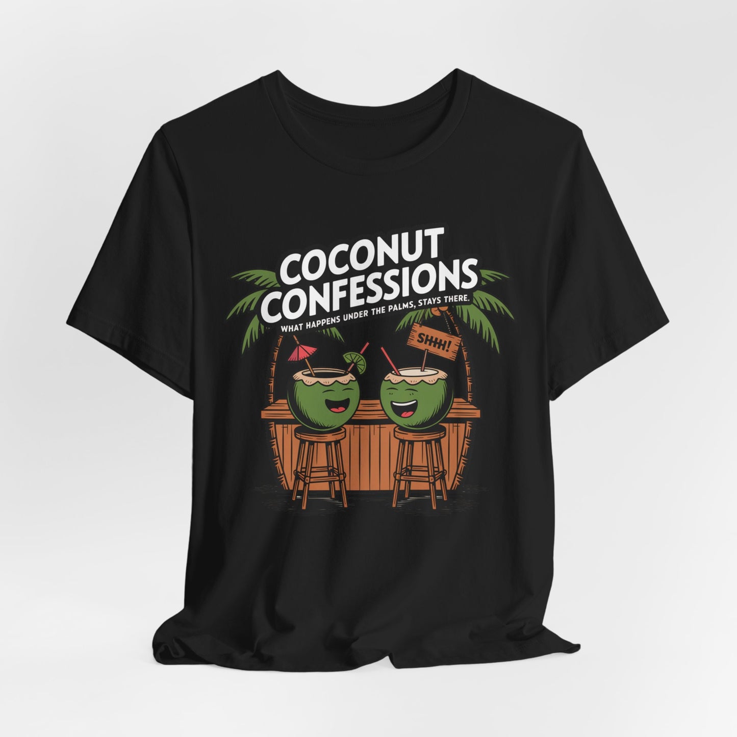 The Coconut Confessions Unisex Tiki T-Shirt - Fun Summer Vibes features two cartoon coconuts at a tiki bar under palm trees, with “COCONUT CONFESSIONS” above and “What happens under the palms, stays there” below. Made from soft Airlume cotton.