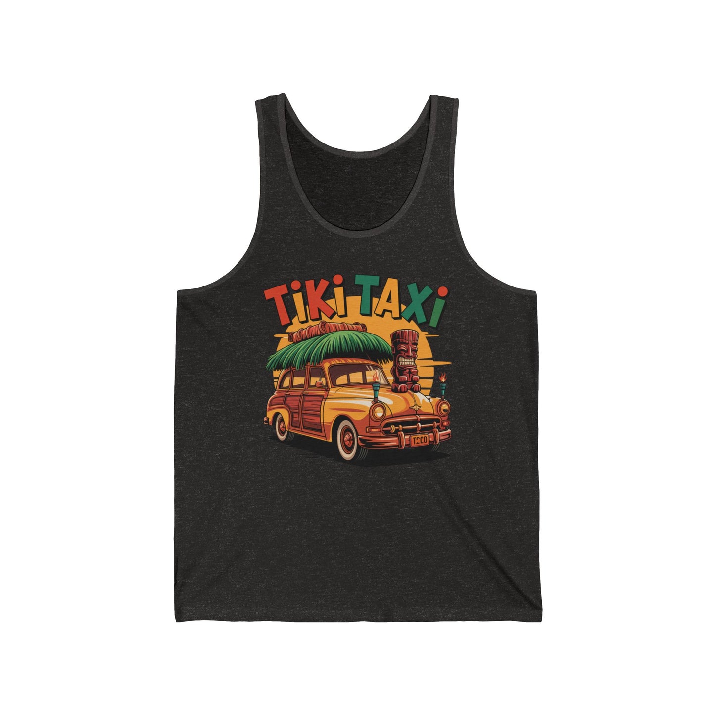 The Tiki Taxi Unisex Tiki Tank Top features a vibrant vintage woodie car, surfboards, and Tiki statues with bold Tiki Taxi text—perfect for adding retro beach vibes to your casual summer style.