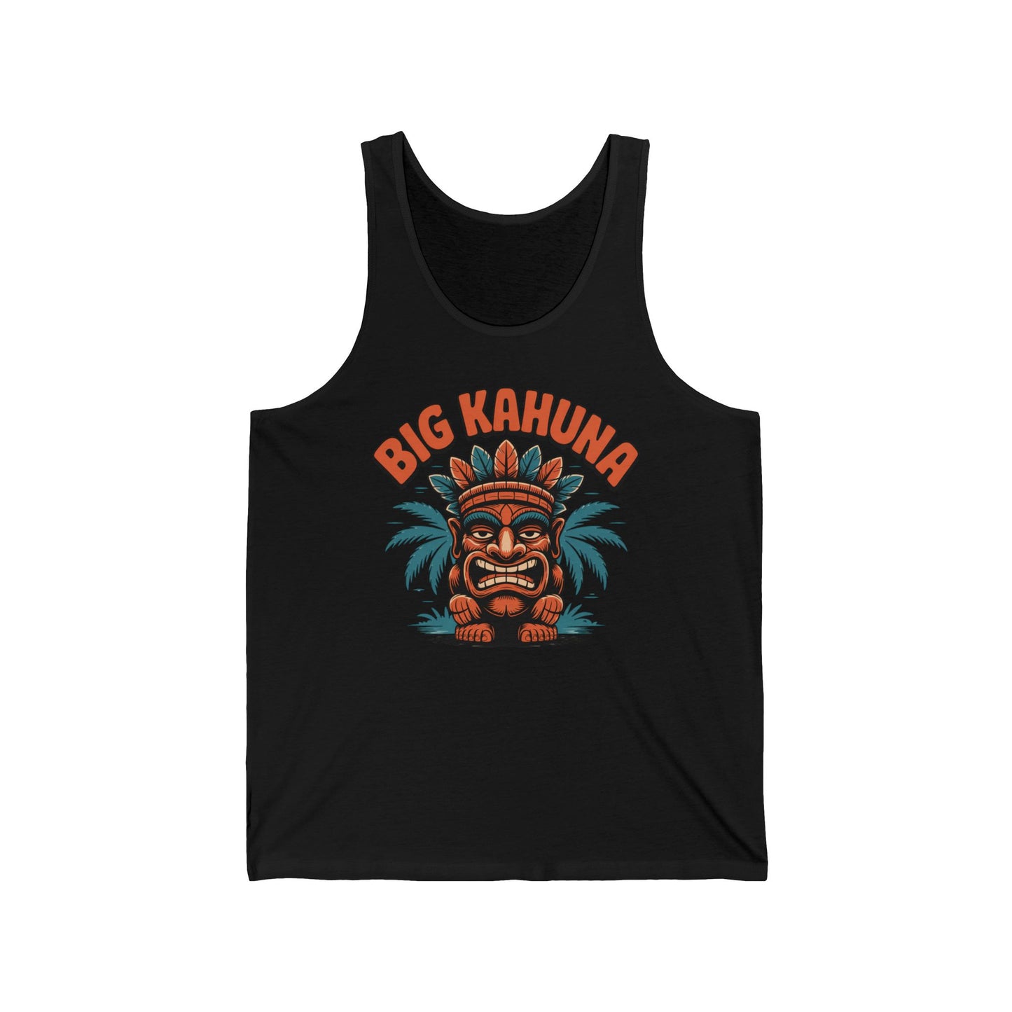 Upgrade your summer look with the Big Kahuna Unisex Jersey Tiki Tank Top, featuring a vibrant tiki mask, palm leaves, and bold orange BIG KAHUNA text—perfect for tropical vibes and summer fun.