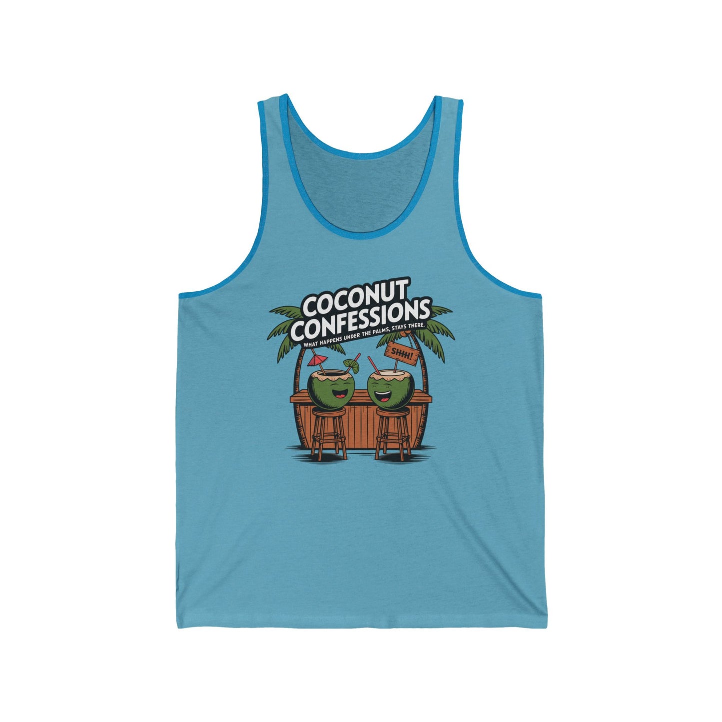 The Fun Coconut Confessions Unisex Jersey Tank features two cartoon coconuts at a tropical bar with palm trees and witty speech bubbles. Lightweight and comfy, its perfect for summer parties or beach vacations.