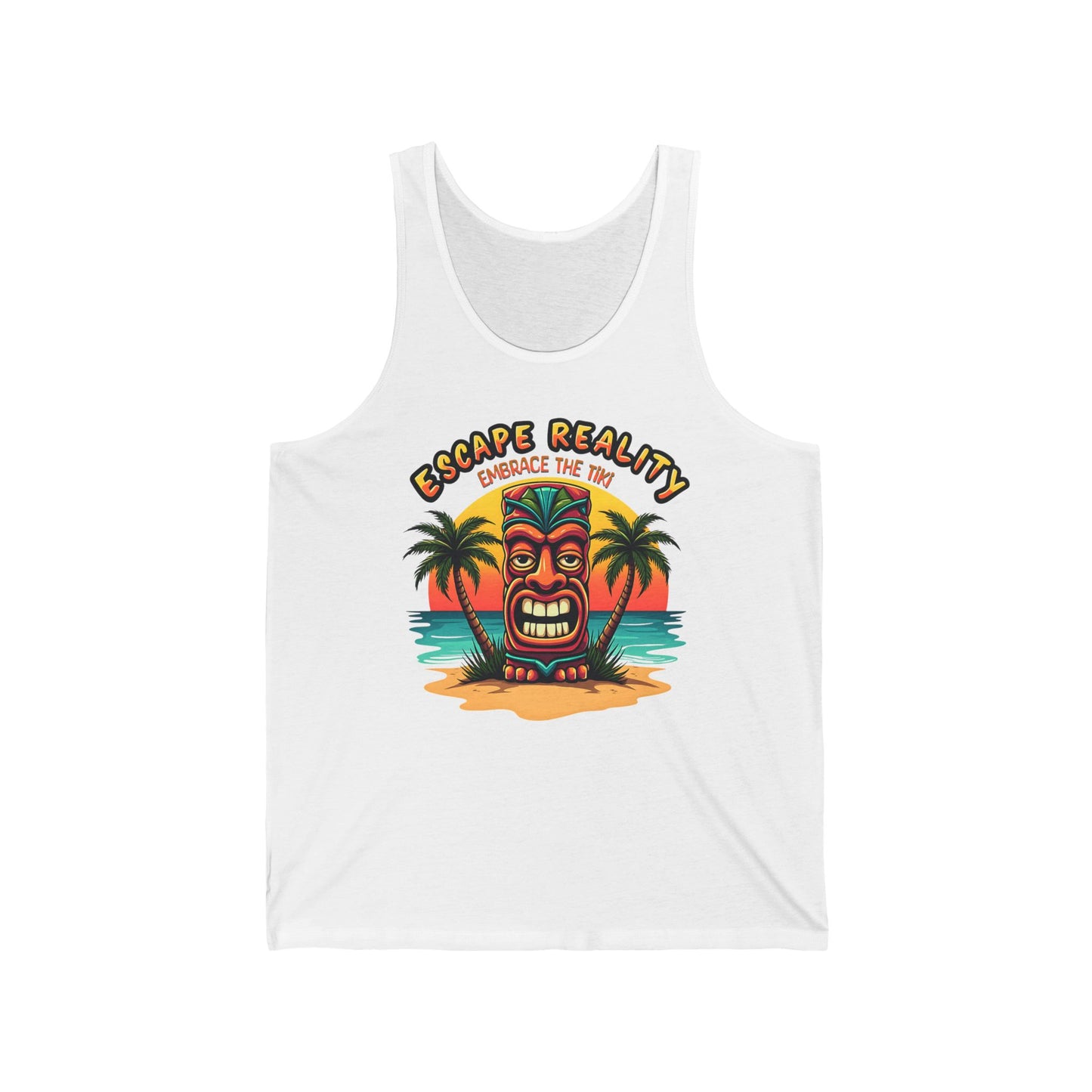 The Escape Reality Unisex Jersey Tiki Tank Top—Tropical Beach Vibe features a vibrant tiki mask with palm trees and water, plus Escape Reality Embrace the Tiki, ideal for bringing summer energy to your casual wardrobe.