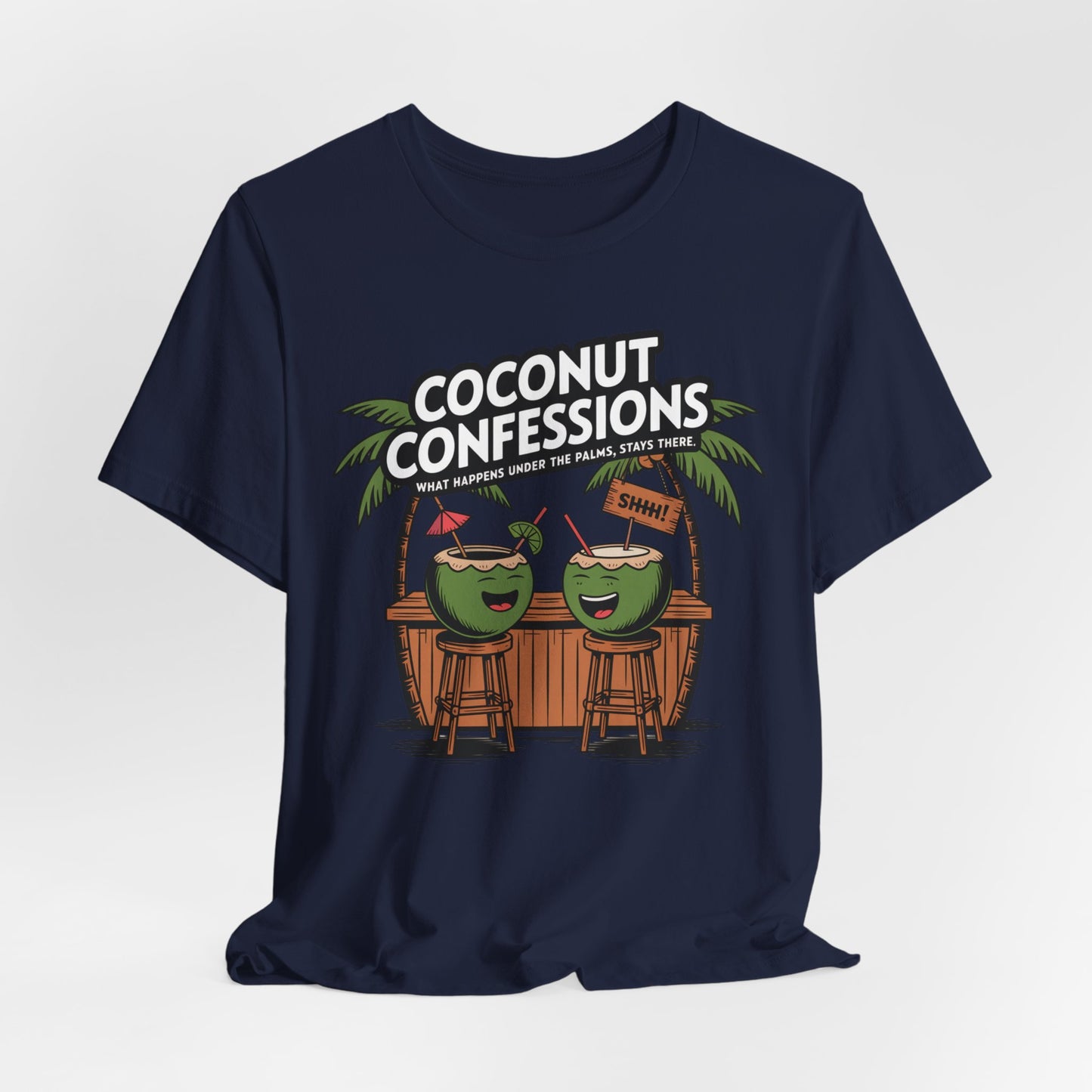 The Coconut Confessions Unisex Tiki T-Shirt - Fun Summer Vibes is navy blue, made from premium Airlume cotton, and features two coconuts at a tiki bar with the phrases Coconut Confessions and What happens under the palms, stays there.