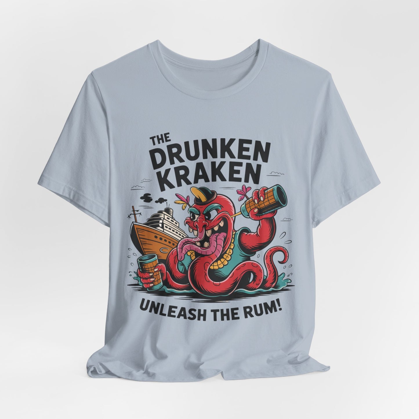 The Drunken Kraken Unisex Tiki T-Shirts - Unleash the Rum Graphic features a light gray tee with a cartoon red kraken holding a barrel and ship, The Drunken Kraken above, and Unleash the Rum! below—ideal for nautical summer fun.