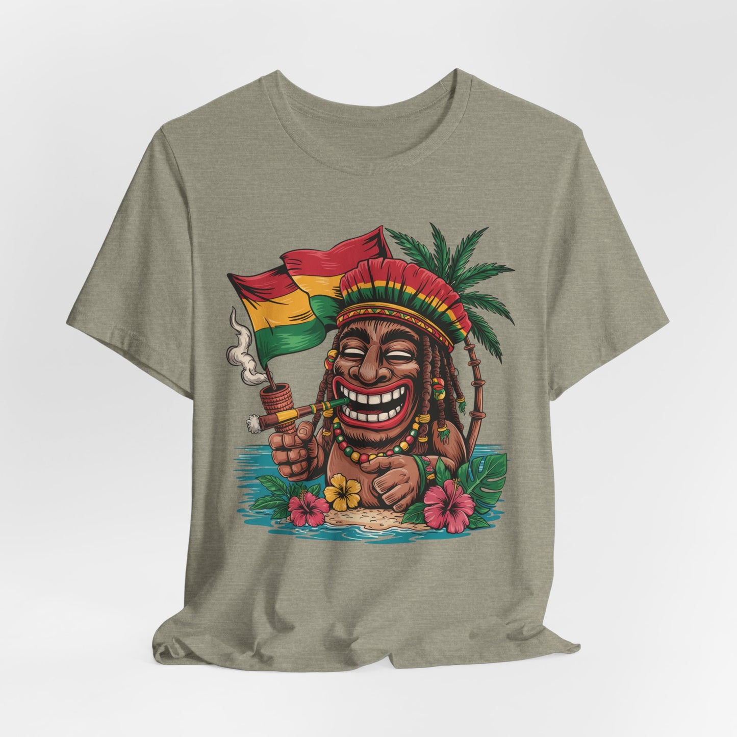 The Tropical Vibes Unisex Jersey Tiki T-Shirt features playful island art: a smiling person with dreadlocks and a Rasta hat, holding a Jamaican flag, smoking, and surrounded by palm trees, flowers, and water.