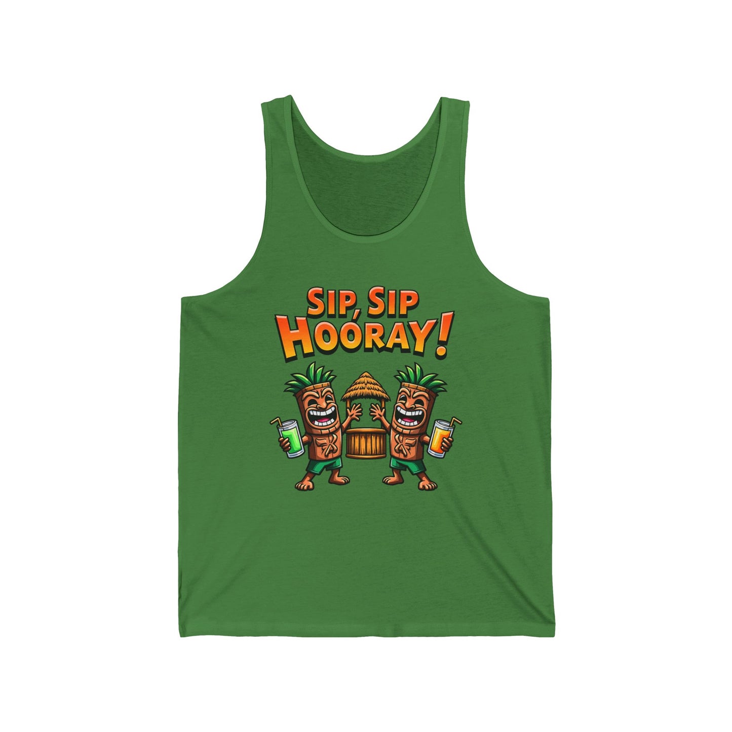 The Sip Sip Hooray! Unisex Jersey Tiki Tank Top features two cartoon tiki characters with drinks by a hut and bold “SIP, SIP HOORAY!” text—ideal for summer parties or beach days.