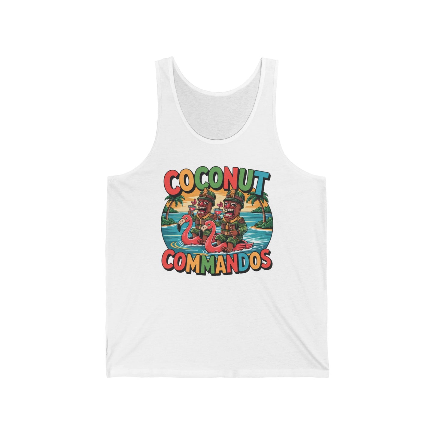 The Coconut Commandos Unisex Jersey Tiki Tank Top is a white, relaxed-fit tank with two cartoon coconuts in tropical gear and water guns, set against palm trees and water. Coconut Commandos text adds the perfect summer adventure vibe!.