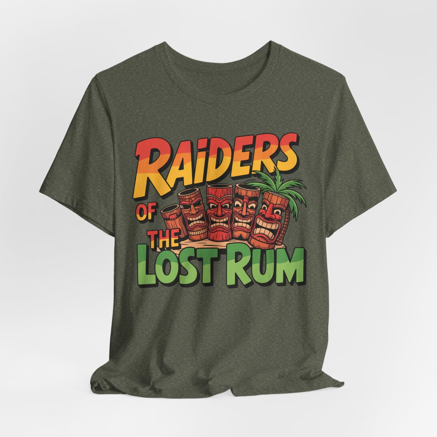 The Tiki T-Shirt - Raiders of the Lost Rum Graphic Tee for Adventure Lovers features a vibrant palm tree and tiki mug design on olive green—ideal for summer festivals.
