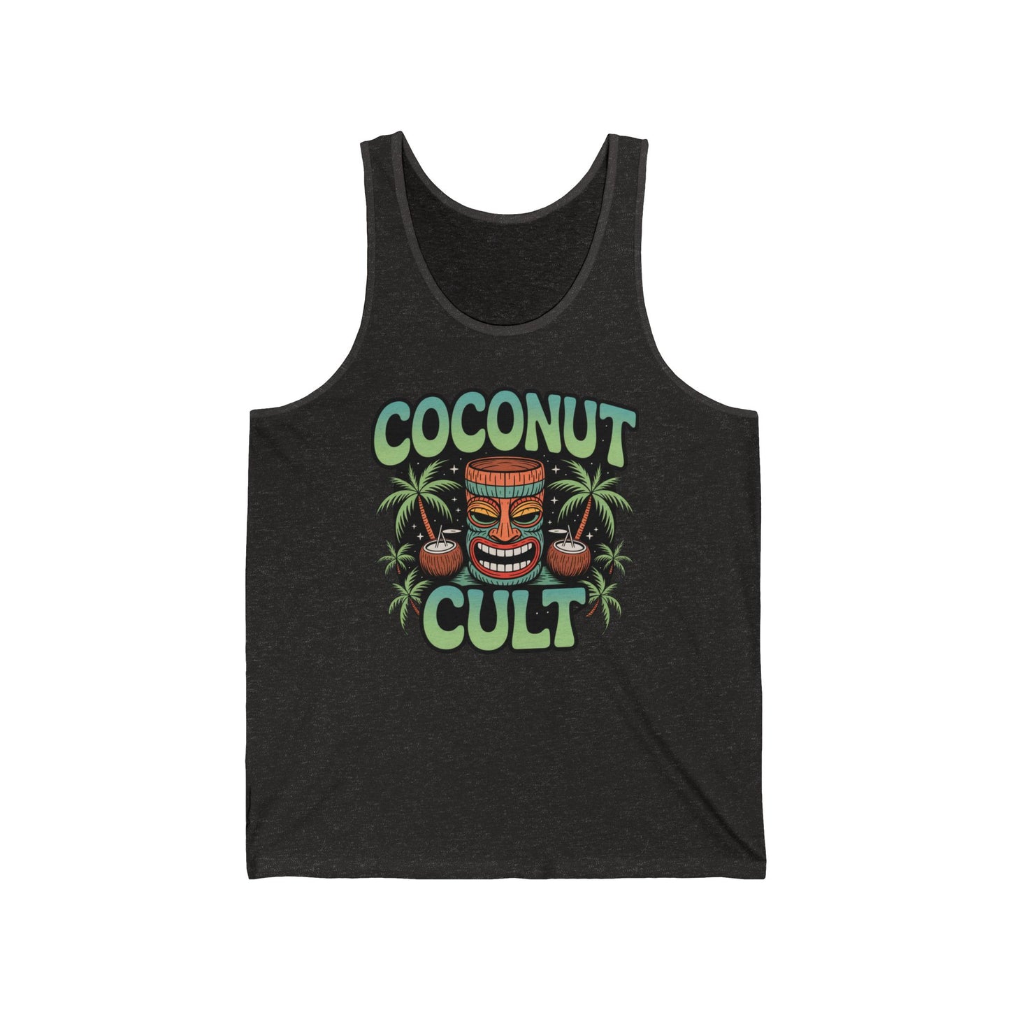 Perfect for tropical getaways, the Coconut Cult Unisex Jersey Tiki Tank Top-Tropical Vibe Sleeveless Tank showcases COCONUT CULT in bold with a vibrant tiki mask, coconuts, and palm trees.