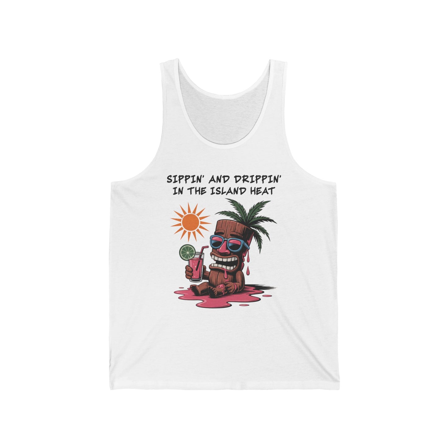 The Tropical Vibes Tank Top - Sippin and Drippin in the Island Heat Unisex features a cartoon tiki with sunglasses relaxing under a palm tree. Ideal for summer parties or tropical getaways.