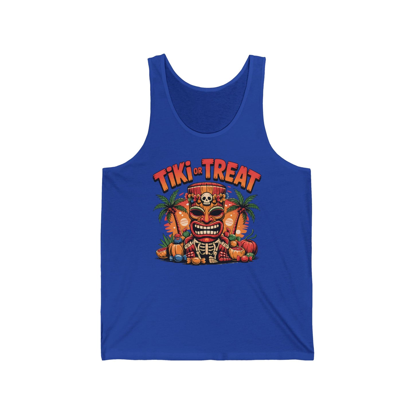 The Tiki Treat Unisex Jersey Tiki Tank Top is a fun Halloween tee for parties & celebrations, featuring a vibrant tiki mask with pumpkins, skulls, and palm trees—ideal for adding festive flair to your summer style.