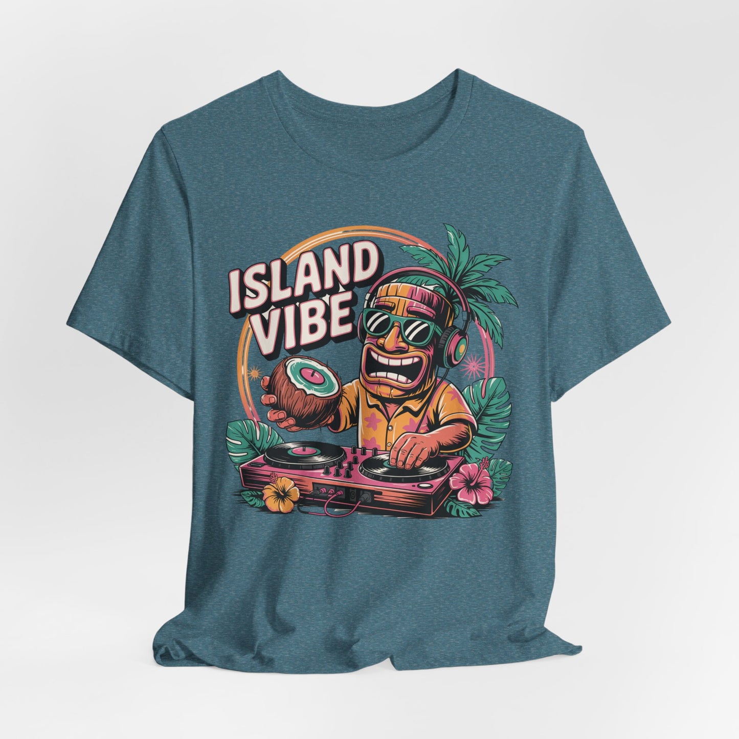 The Island Vibe DJ Short Sleeve Tiki T-Shirt for Music Lovers features a cartoon tiki DJ with sunglasses spinning records among tropical flowers—crafted from soft Airlume cotton, perfect for summer gatherings.