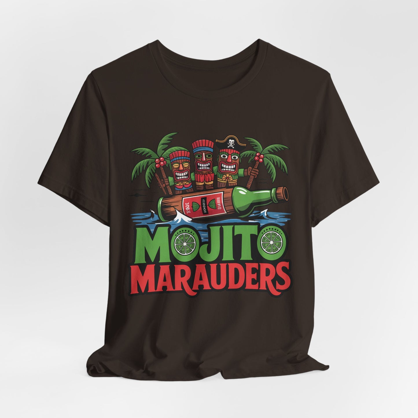 The Mojito Marauders Tiki T-Shirt features three tiki mugs, palm trees, a pirate flag, and a mojito bottle with bold MOJITO MARAUDERS text and lime slices. This unisex jersey short sleeve tee is perfect for tropical vibes!.
