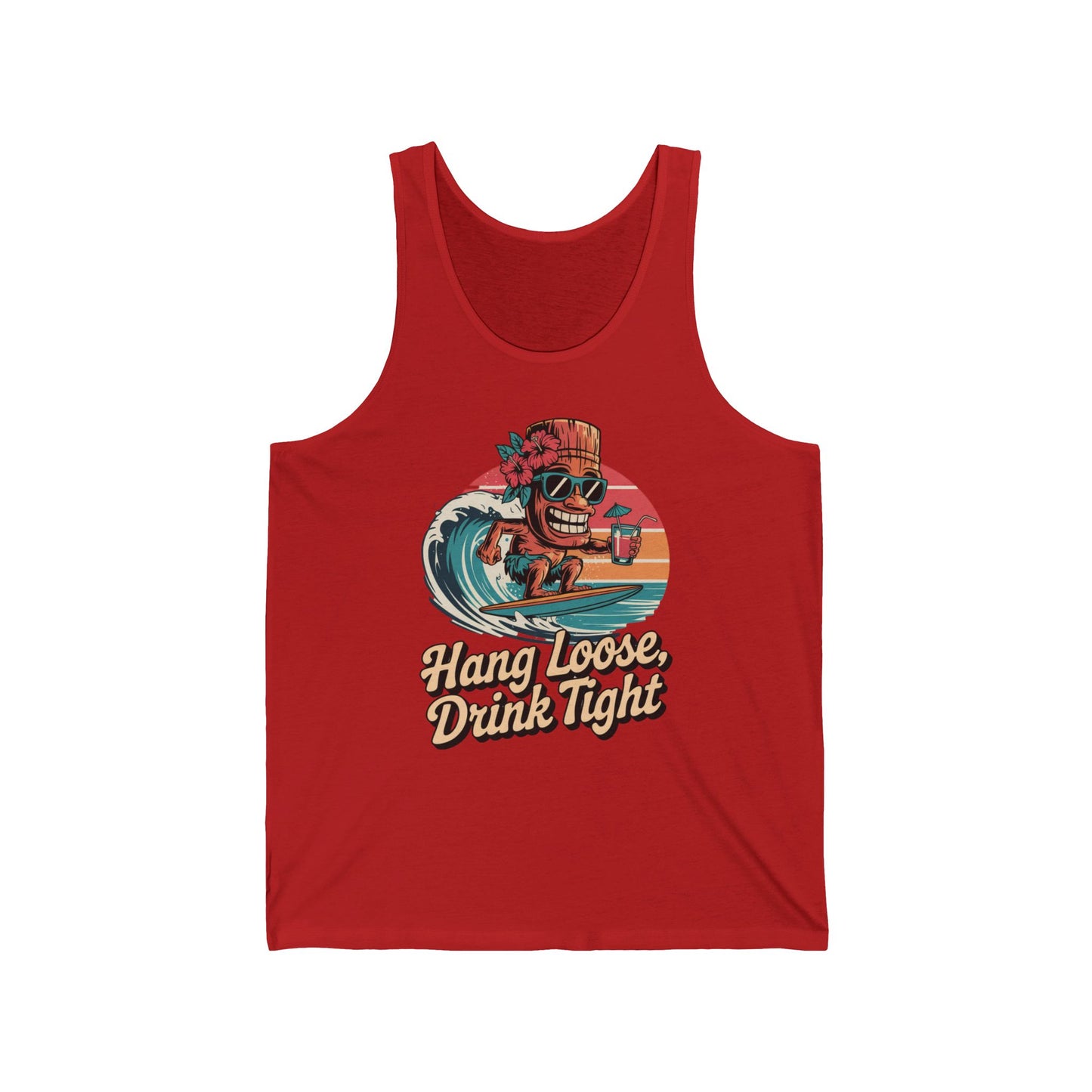 The Hang Loose Drink Tight Unisex Jersey Tank features a surfing tiki, palm trees, sunset, and playful text—perfect for summer vibes and a laid-back lifestyle.