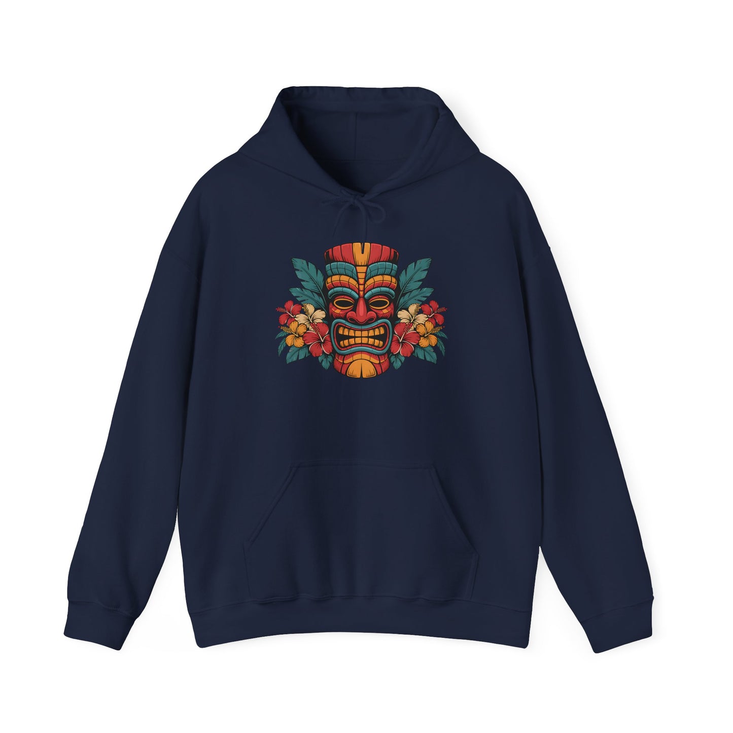 Stay cozy in the Tropical Tiki Hooded Sweatshirt - Unisex Heavy Blend™, featuring a tropical Tiki mask with bold red and yellow flowers and green leaves—a stylish choice for any evening.