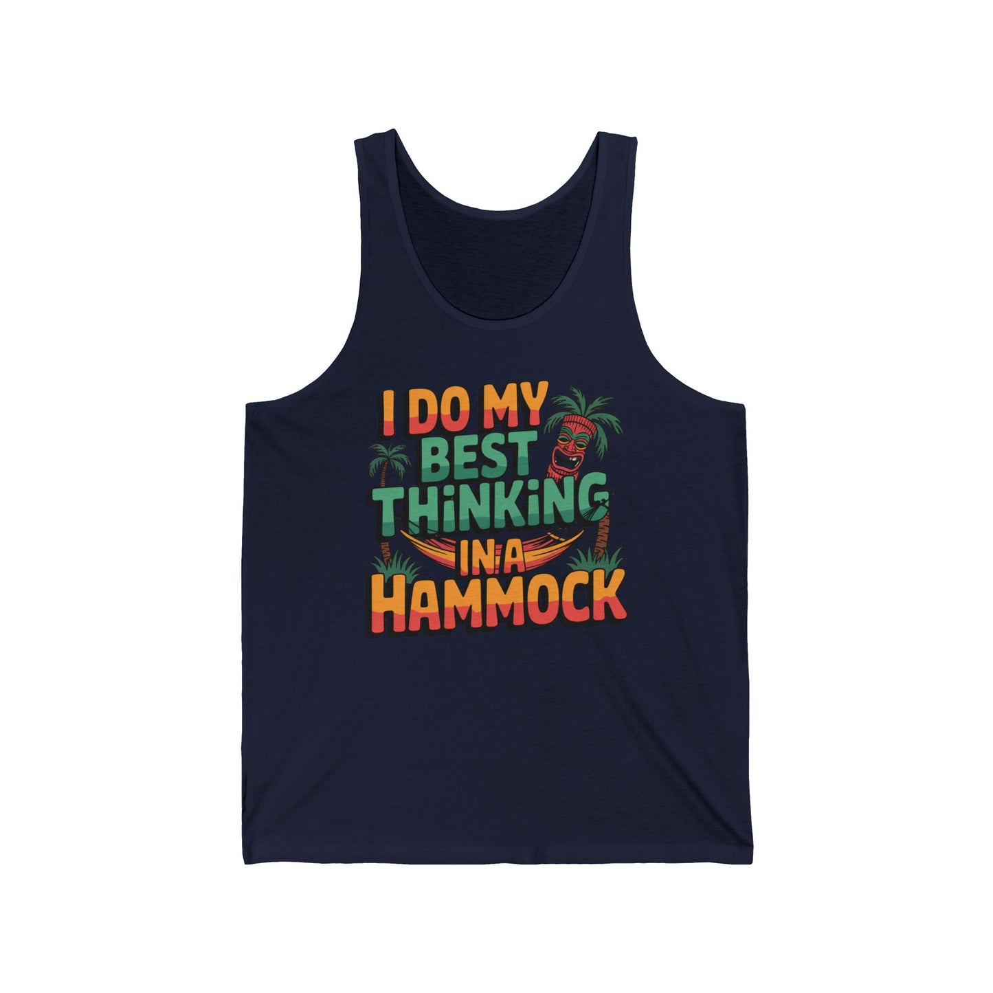 The Tiki Tank Top - Relaxed Tropical Vibe is a navy tank featuring I DO MY BEST THINKING IN A HAMMOCK in colorful tropical letters, with hammock, palm tree, and tiki graphics—ideal for getaways or relaxed days.