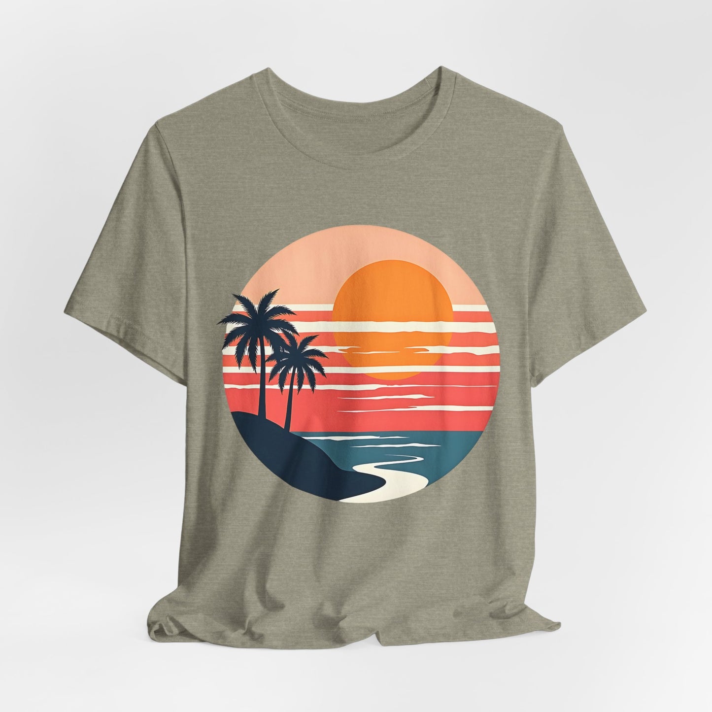The Sunset Serenity Unisex Jersey Short Sleeve T-Shirt features an olive-green color with a circular sunset graphic of palm trees and shoreline in orange, pink, and white—radiating tropical vibes for beach lovers.