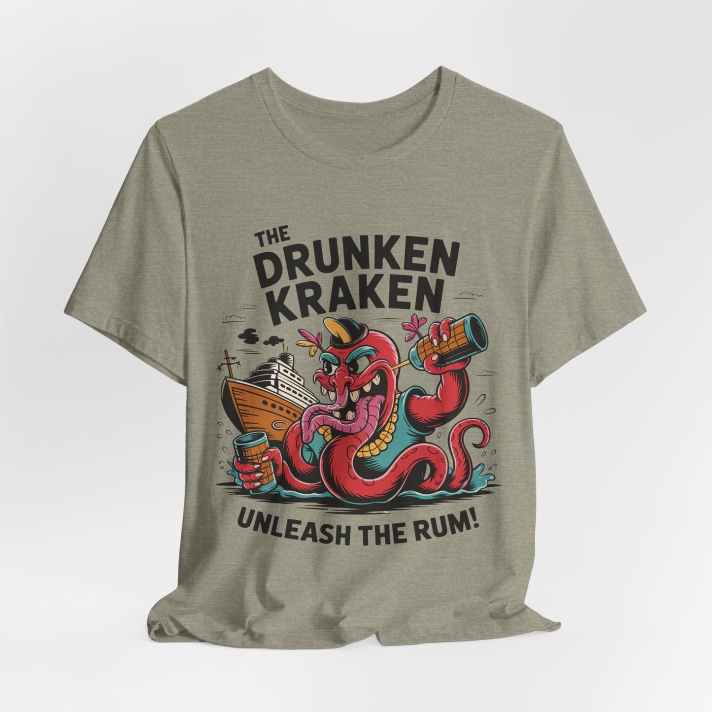 The Drunken Kraken Unisex Tiki T-Shirt—light gray jersey with a cartoon kraken in pirate hat, beer mug, ship, and “Unleash the Rum!” graphic—perfect for summer barbecues.