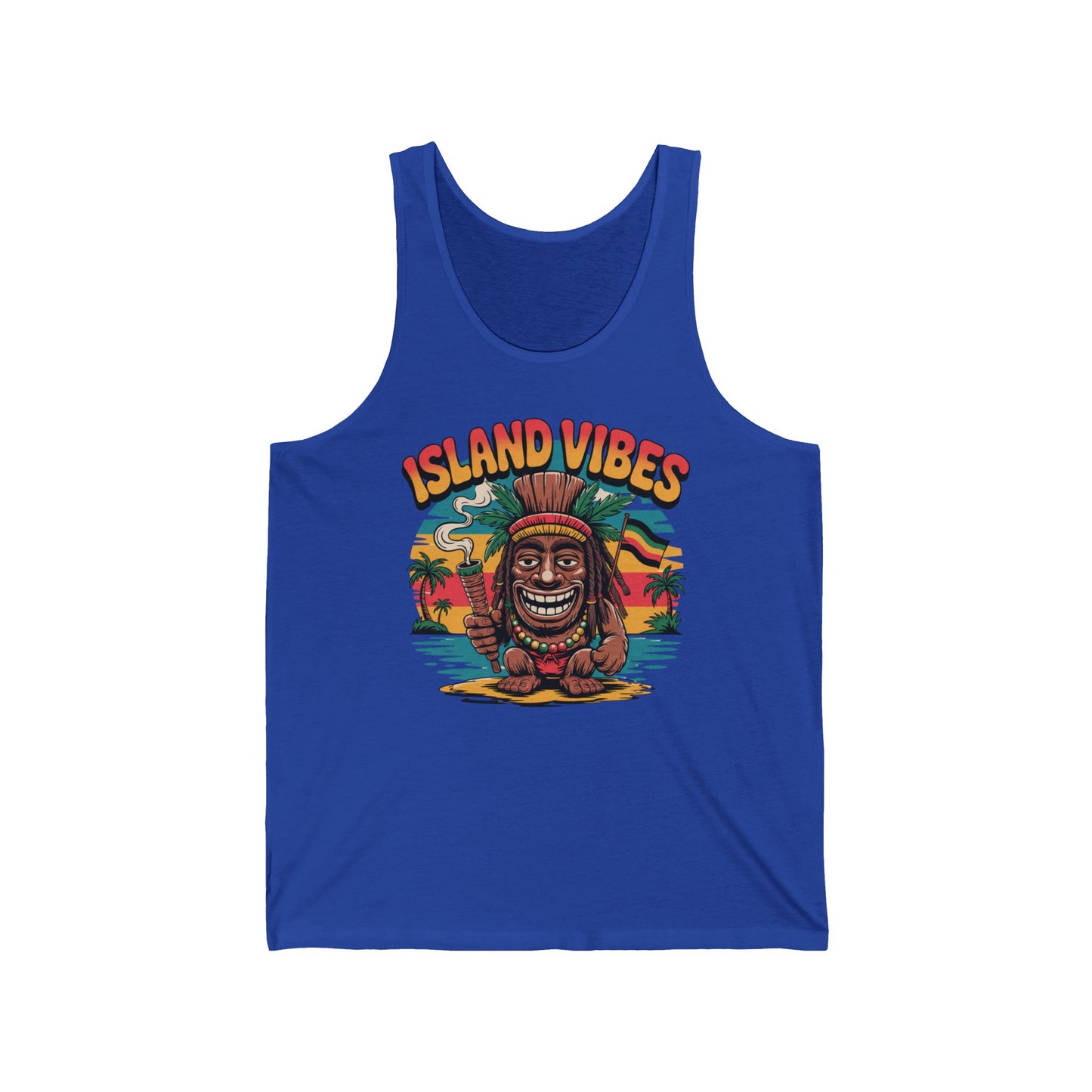 The Island Vibes Unisex Jersey Tiki Tank Top showcases a smiling cartoon tiki statue on a beach at sunset with palm trees and ocean, plus ISLAND VIBES above. Lightweight fabric makes it perfect for summer days and celebrations.