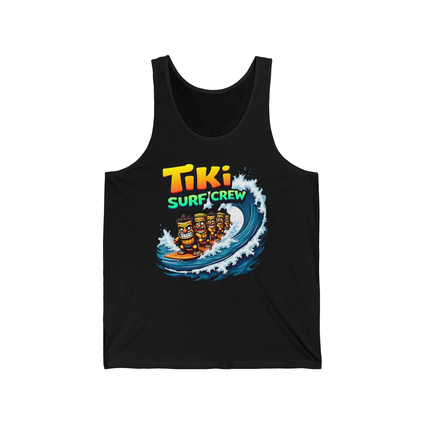 The Tiki Surf Crew Unisex Jersey Tiki Tank Top showcases four tiki characters surfing a wave, with Tiki Surf Crew in vibrant letters—perfect for beach days and summer fun.
