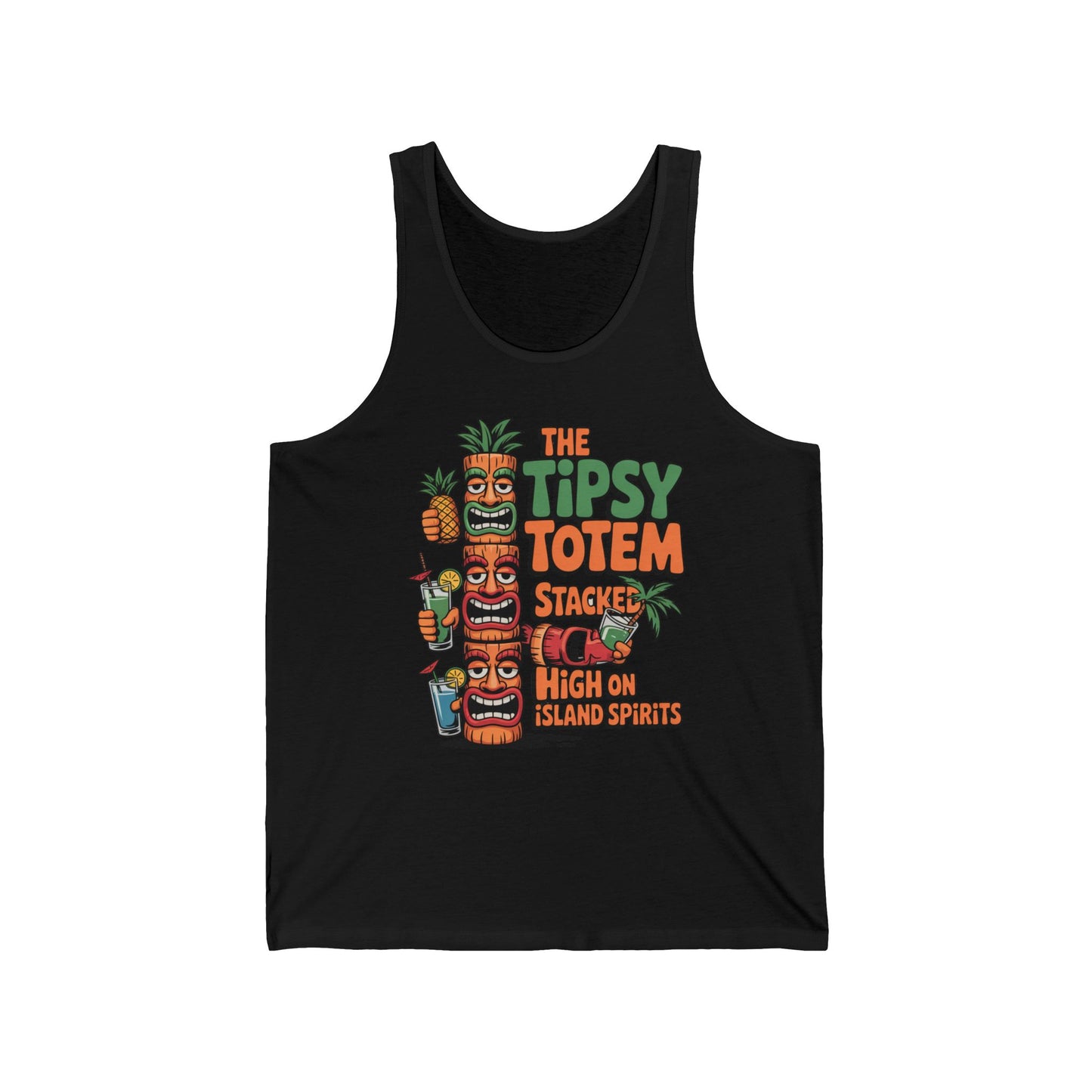 Show off your island vibes with the Tipsy Totem Unisex Jersey Tiki Tank Top—featuring colorful cartoon tiki totems with tropical drinks and the phrase Stacked High On Island Spirits. Perfect for lovers of fun, tropical style!.