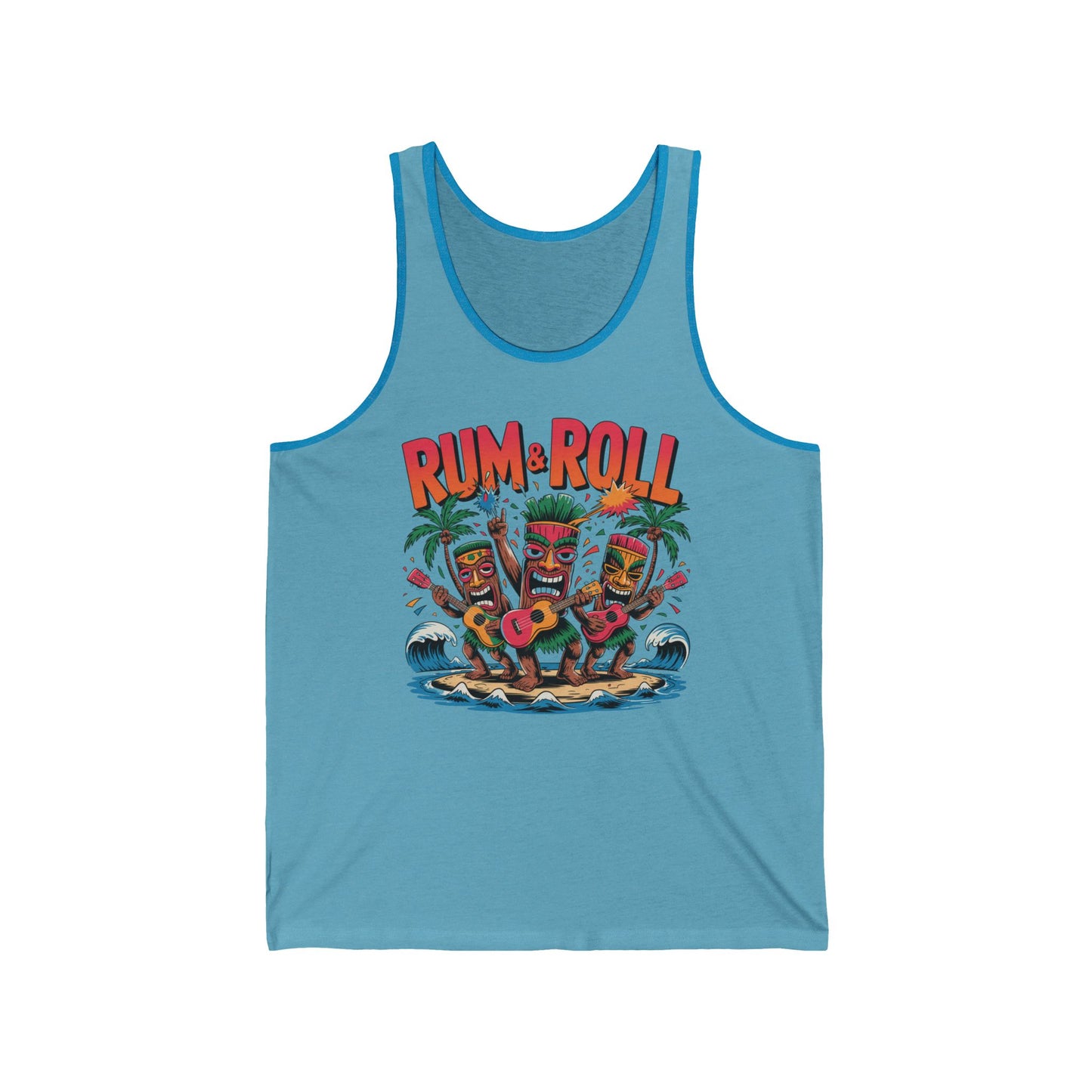 The Tropical Rum & Roll Unisex Jersey Tiki Tank Top is perfect for summer parties and beach days, featuring colorful tiki characters with instruments, palm trees, tropical accents, and bold RUM & ROLL text.