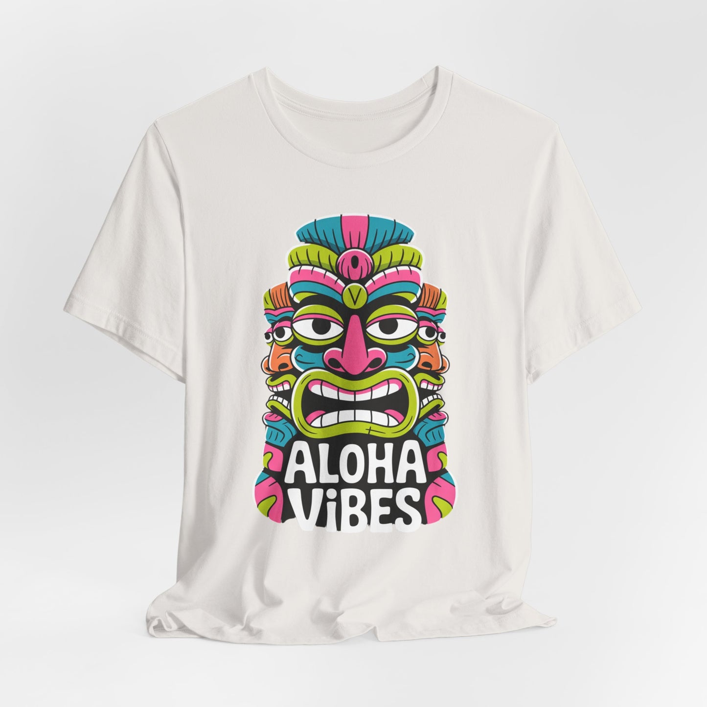 Aloha Vibes Unisex Tiki T-Shirt - Fun Summer Graphic T-Shirt: White short sleeve tee with a colorful tiki mask and bold “ALOHA VIBES” print—ideal for anyone seeking adventure and relaxation.