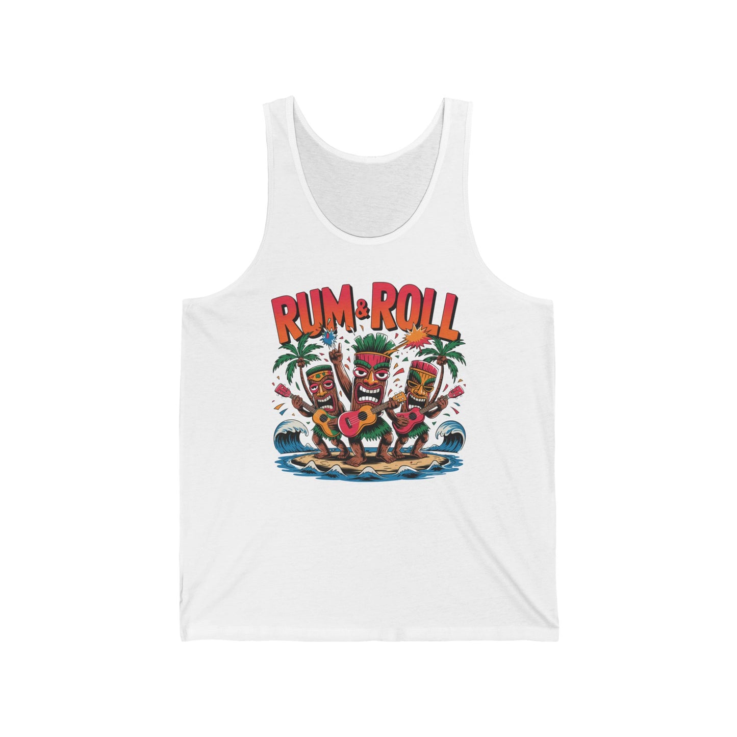 The Tropical Rum & Roll Unisex Jersey Tiki Tank Top features a colorful design with three tiki figures, instruments, palm trees, waves, and bold RUM & ROLL text—perfect for summer parties and beach days.