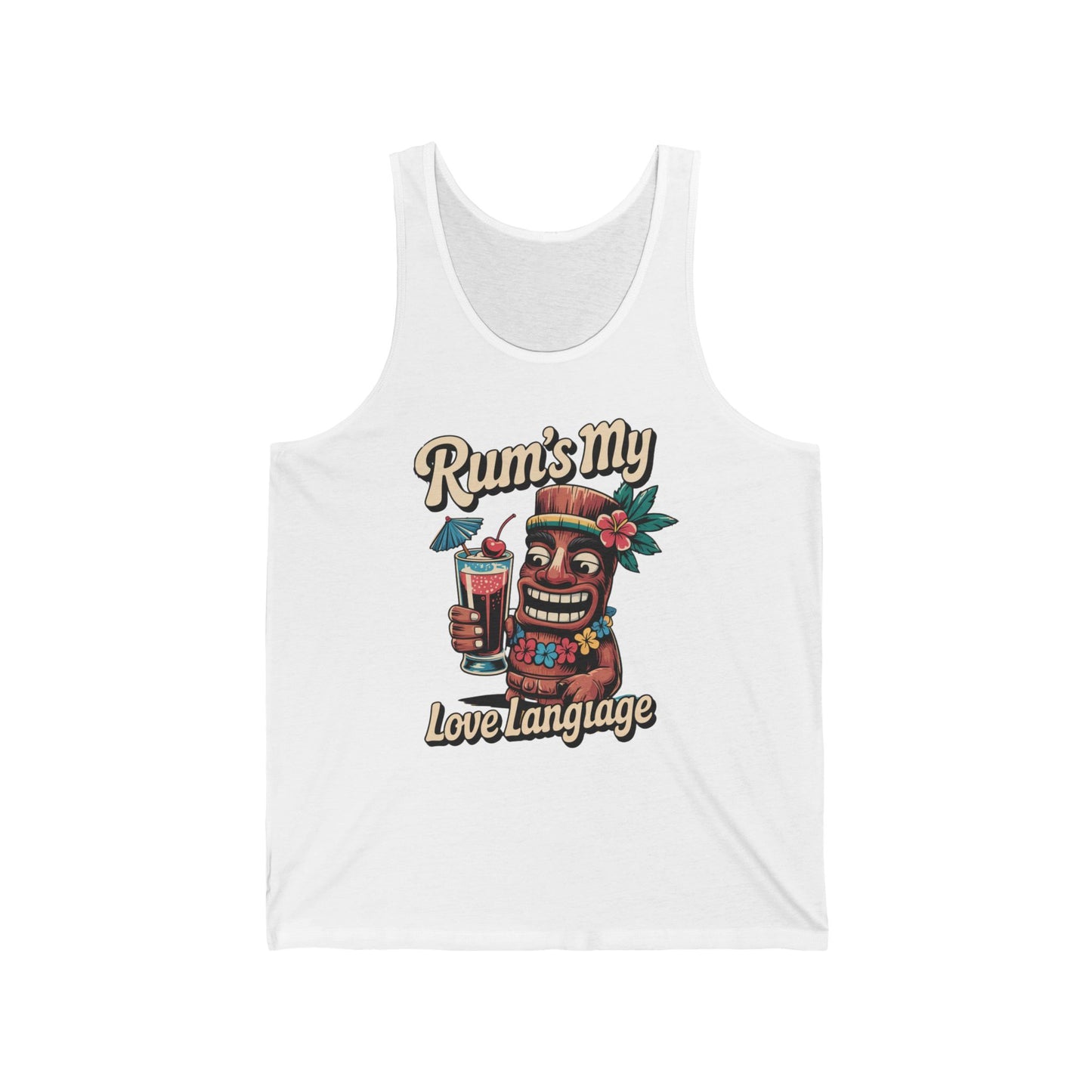 The Tropical Tiki Tank - Rums My Love Language Unisex Jersey Tank features a smiling cartoon tiki with a rum cocktail and tropical flowers, plus playful text. Lightweight fabric ensures comfort and versatile wear.