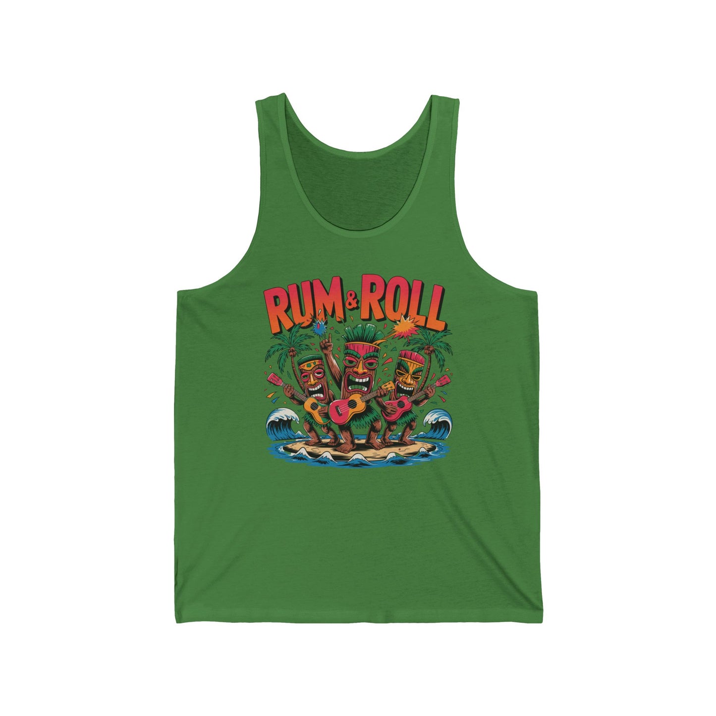 The Tropical Rum & Roll Unisex Jersey Tiki Tank Top features three vibrant tiki characters playing instruments on an island with bold RUM & ROLL text—ideal for adding a tropical touch to summer parties and beach days.