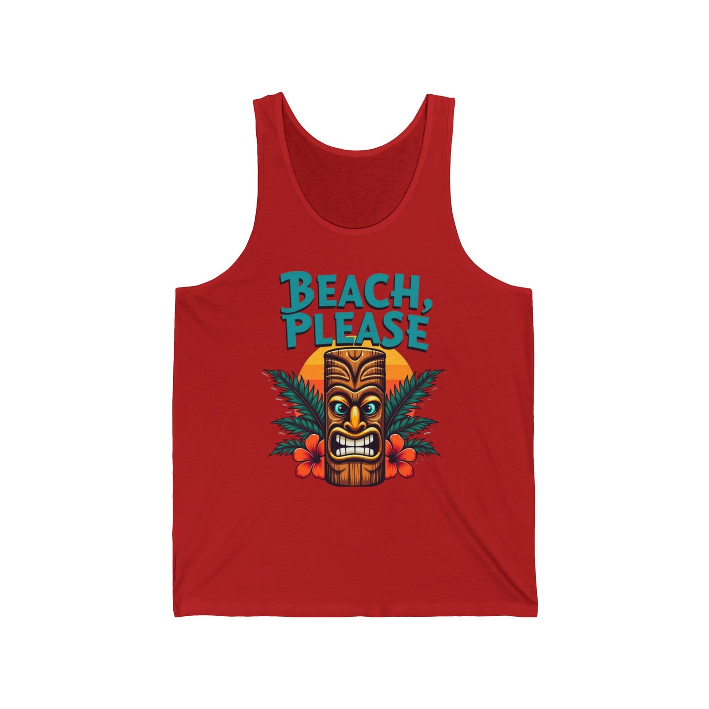 Add a splash of summer to your wardrobe with the Beach Please Unisex Jersey Tank – featuring a vibrant tiki face, tropical leaves, hibiscus flowers, and BEACH, PLEASE text. Enjoy ultimate comfort and style in this Summer Vibes T-Shirt.