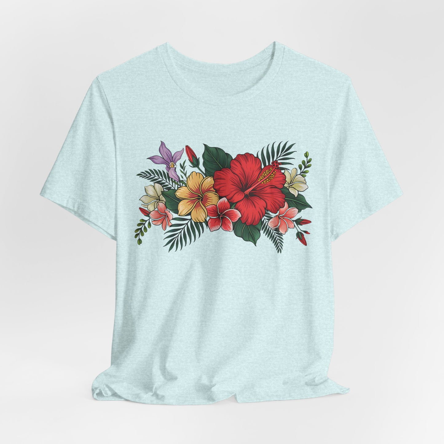 Tropical Floral Unisex T-Shirt - Vibrant Summer Style: Light blue tee with red, yellow, and pink flowers, green leaves, and tropical accents on the chest, made from soft Airlume cotton for superior comfort.