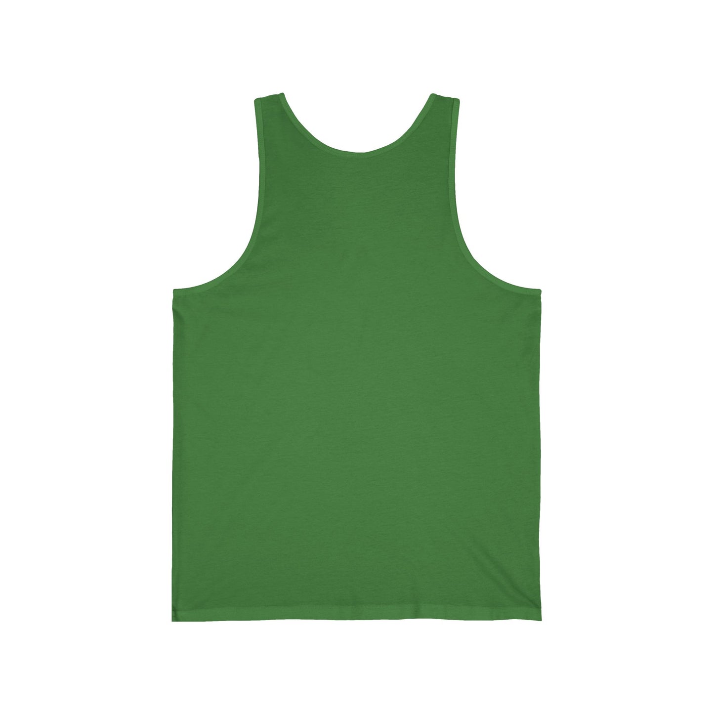 The One Love Unisex Jersey Tiki Tank Top—shown from the back, laid flat on a white background—is a summer vibe shirt perfect for festivals and casual wear.