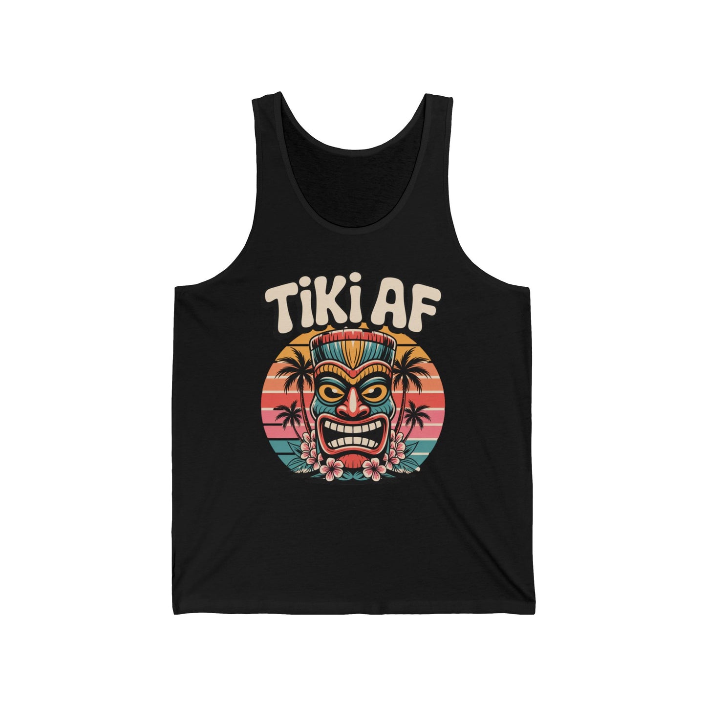 The Tiki AF Unisex Jersey Tank Top - Tropical Vibe Summer Wear features a bold tiki motif, tropical flowers, palm trees, and a retro sunset with TIKI AF text—ideal for embracing the tropical lifestyle.