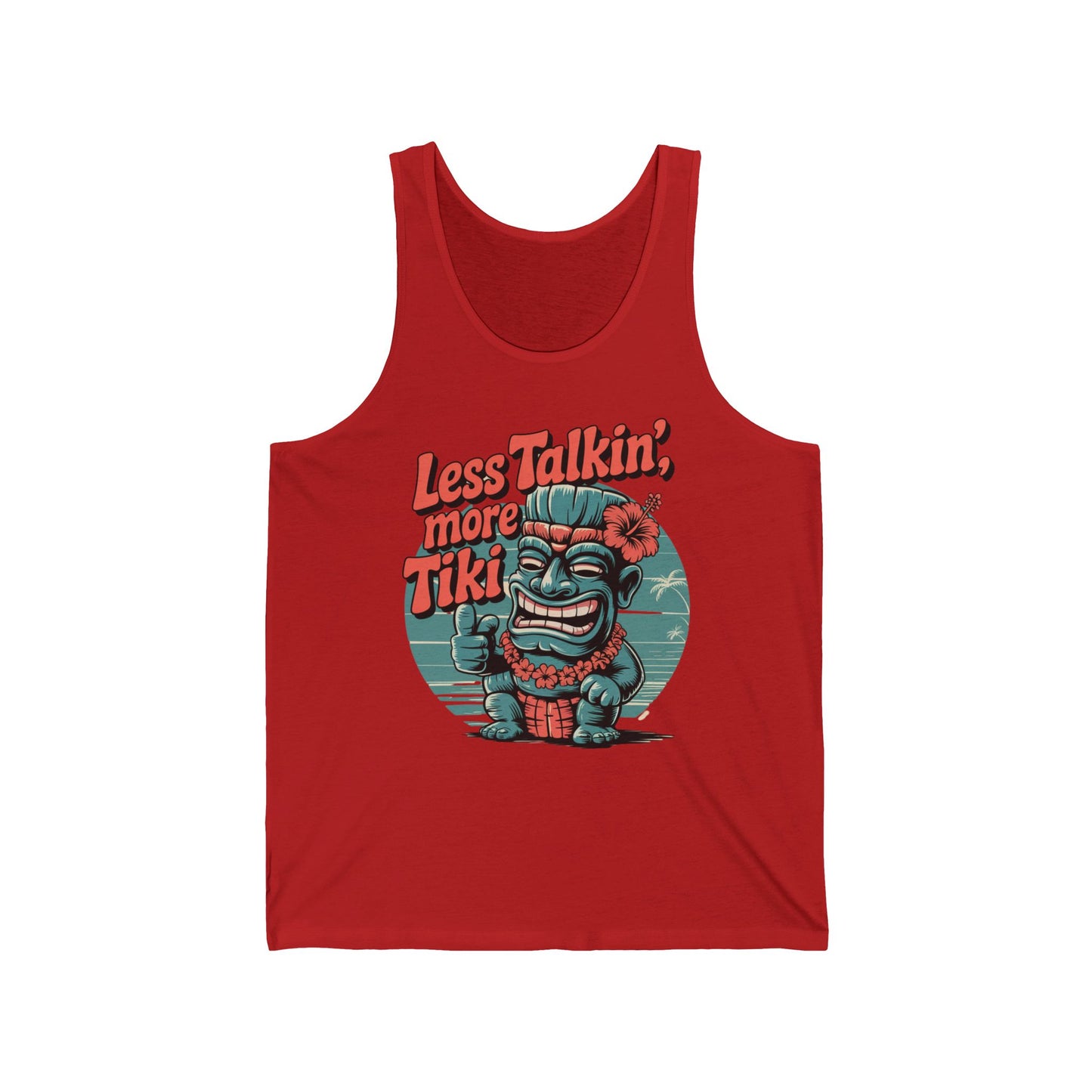 The Less Talkin, More Tiki - Tiki Vibes Unisex Jersey Tank features a cheerful cartoon tiki statue with a flower and thumbs-up, plus the phrase “Less Talkin’, more Tiki” above the design. Made from ultra-soft cotton.