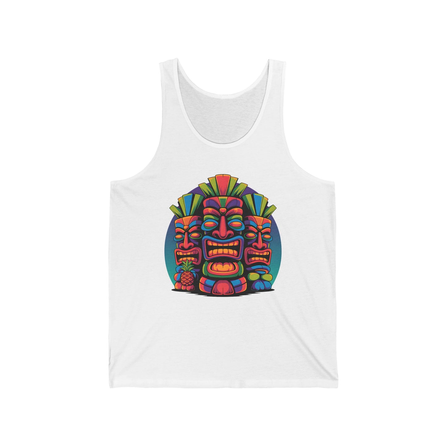 The Tropical Tiki Unisex Jersey Tiki Tank Top for Summer Vibes features a vibrant graphic of three stylized tiki masks—ideal for festivals or beach outings.