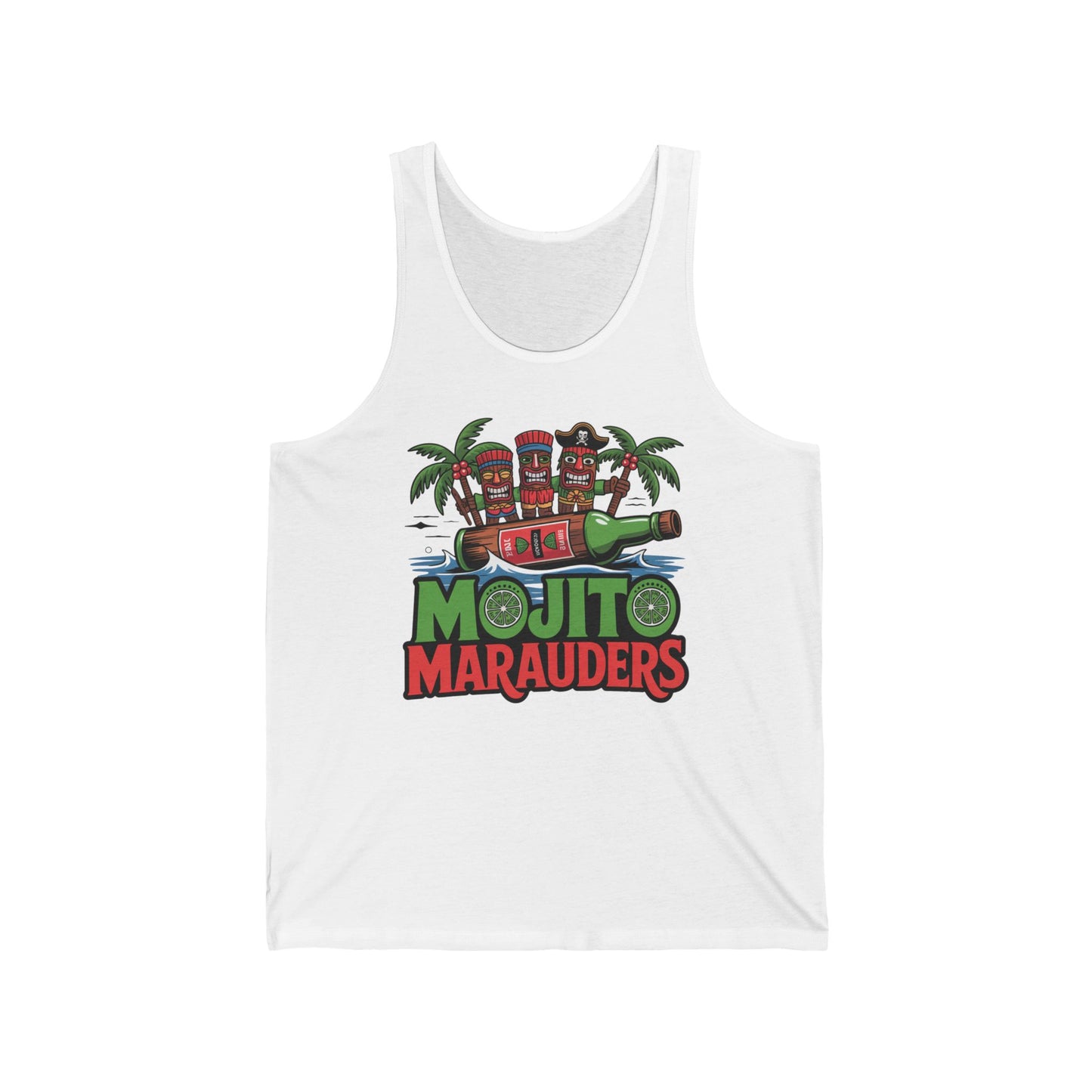 The Mojito Marauders Unisex Jersey Tiki Tank Top features a vibrant print of three tiki mugs on a raft between palms, with bold green and red text. Lightweight and breathable, its perfect for your summer wardrobe and brings a tropical vibe.
