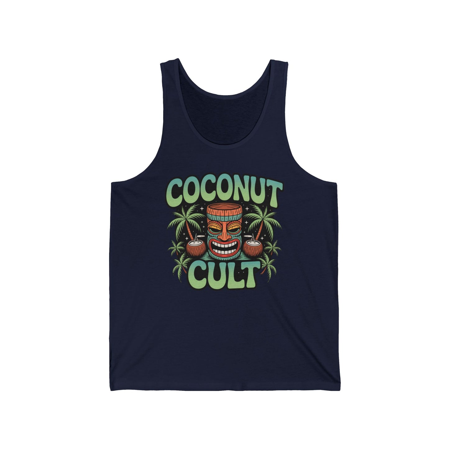 The Coconut Cult Unisex Jersey Tiki Tank Top—Tropical Vibe Sleeveless Tank in navy blue features a vibrant tiki face, palm trees, and coconuts with Coconut Cult boldly printed—ideal for tropical getaways.