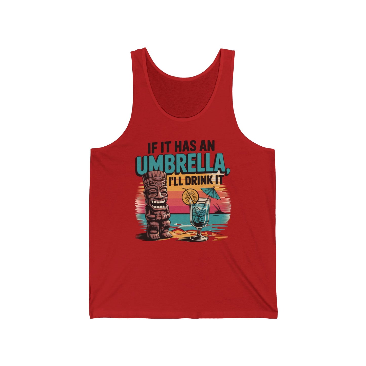 The Tropical Vibe Unisex Jersey Tiki Tank Top features a tiki statue, a cocktail with an umbrella, and If It Has An Umbrella, Ill Drink It lettering—perfect for summer beach vacations.