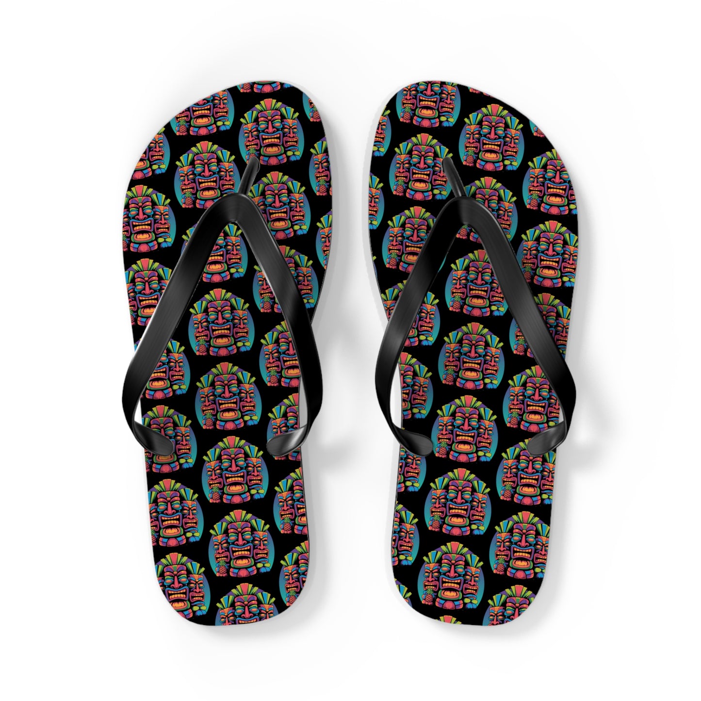 The Tropical Pineapple Flip Flops feature a colorful geometric pattern with red, green, and blue circular designs—perfect summer accessories to brighten up your beachwear collection.