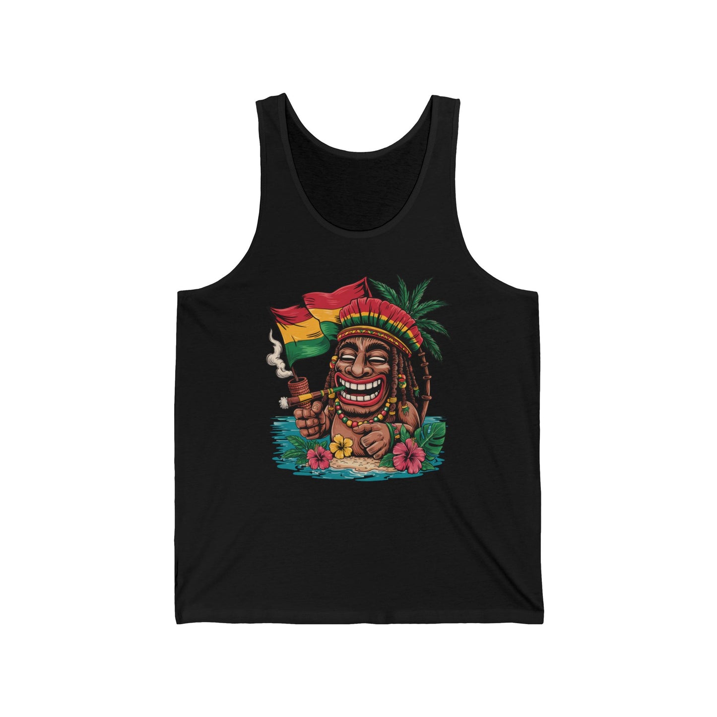 The Rasta Vibes Unisex Jersey Tiki Tank Top features a tropical island design with a cartoon tiki in dreadlocks, shades, and a cigar—ideal for showcasing summer vibes and a laid-back lifestyle.