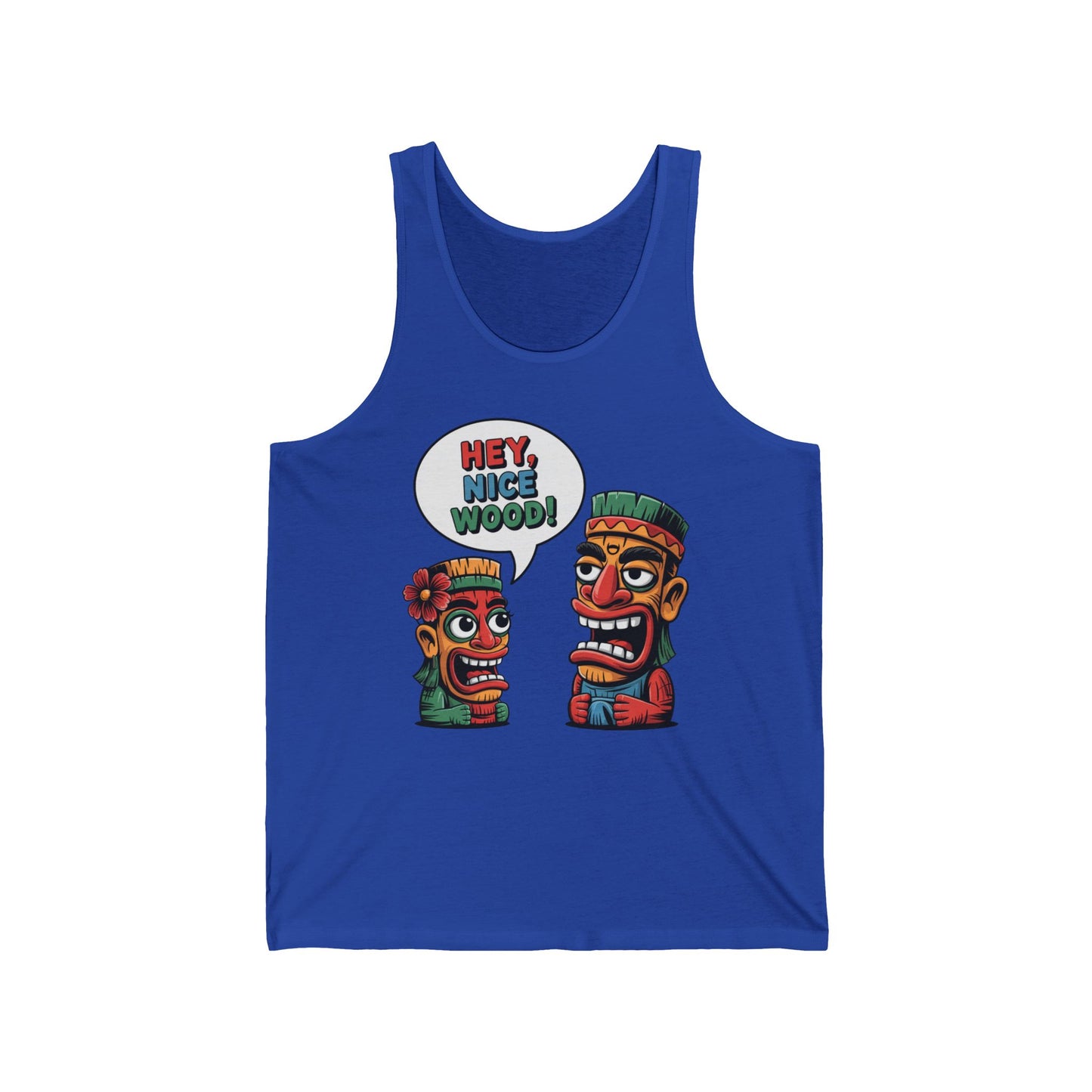 Bring beach vibes to your style with the Tank Top - Hey, Nice Wood- Beach Vibes Funny Tiki Tank Top, featuring two colorful tiki heads and the playful phrase Hey, nice wood!—great for Hawaiian parties or sunny days by the shore.