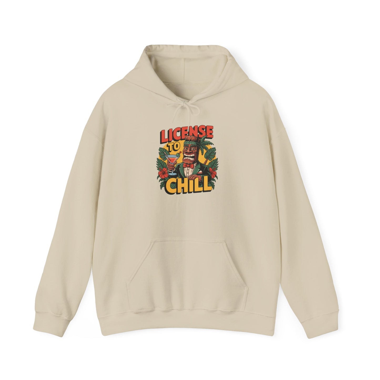 Stay relaxed in the License to Chill Hoodie—a unisex heavy blend sweatshirt with a loose fit, vibrant cartoon graphic, tropical leaves, and bold LICENSE TO CHILL text in red and yellow. The perfect pick for fun and comfort!.